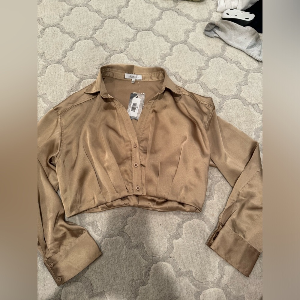 NWT ABBELINE CHAMPAGNE SATIN CROPPED BUTTON DOWN